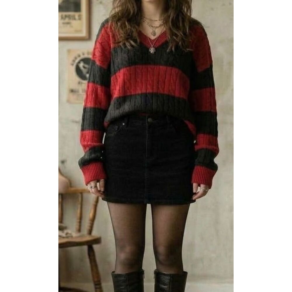 Chaps V Neck Striped Sweater Cableknit Preppy Y2k 90s Fall Casual Black Red